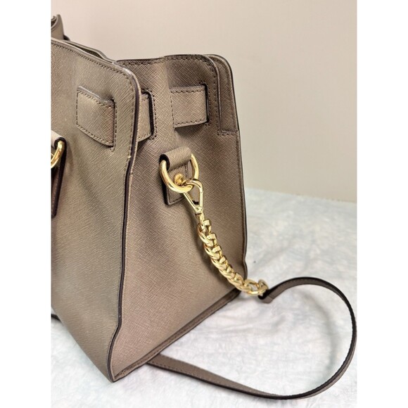 Michael Kors Hamilton Taupe Satchel Bag with Golden Chain Lock & Key - Picture 5 of 11